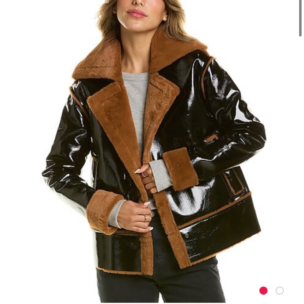 Brown Faux Shearling Trim Black Faux Patent Leather Jacket